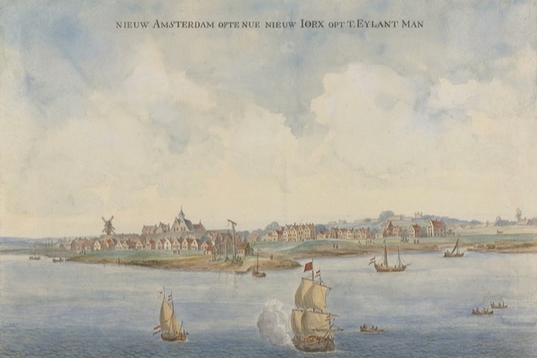 New Amsterdam, by Anonymous Artist, c. 1660, Dutch painting, watercolor on paper. View of coastline of an Manhattan Island from the sea. Three sailing ships fly Dutch flags. // fot. Shutterstock, Inc. 