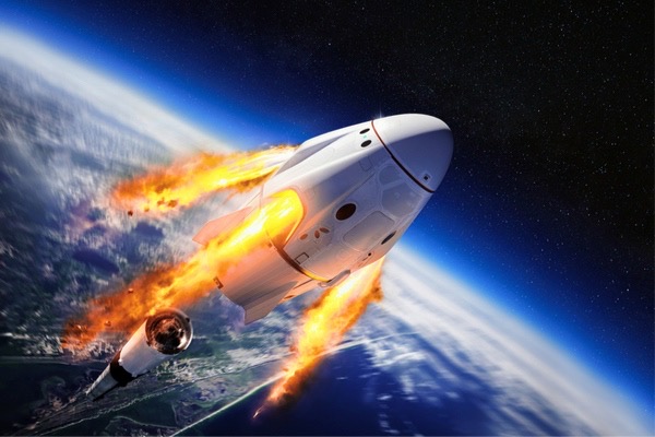 Crew Dragon spacecraft of the private American company SpaceX in space. Dragon is capable of carrying up to 7 passengers to and from Earth orbit, and beyond. Elements of this image furnished by NASA // fot. Shutterstock, Inc.